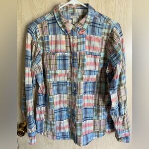 LL BEAN Shirt Womens S Madras Patchwork Button Front Roll Tab Sleeve Blue Pink